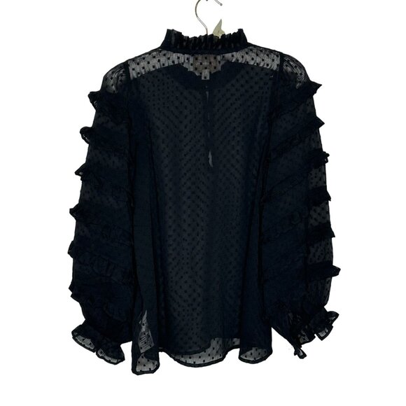 Cleobella‎ Swiss Dot Sheer Ruffled Long Sleeve Blouse XS Black Boho Goth Girly - Picture 2 of 11